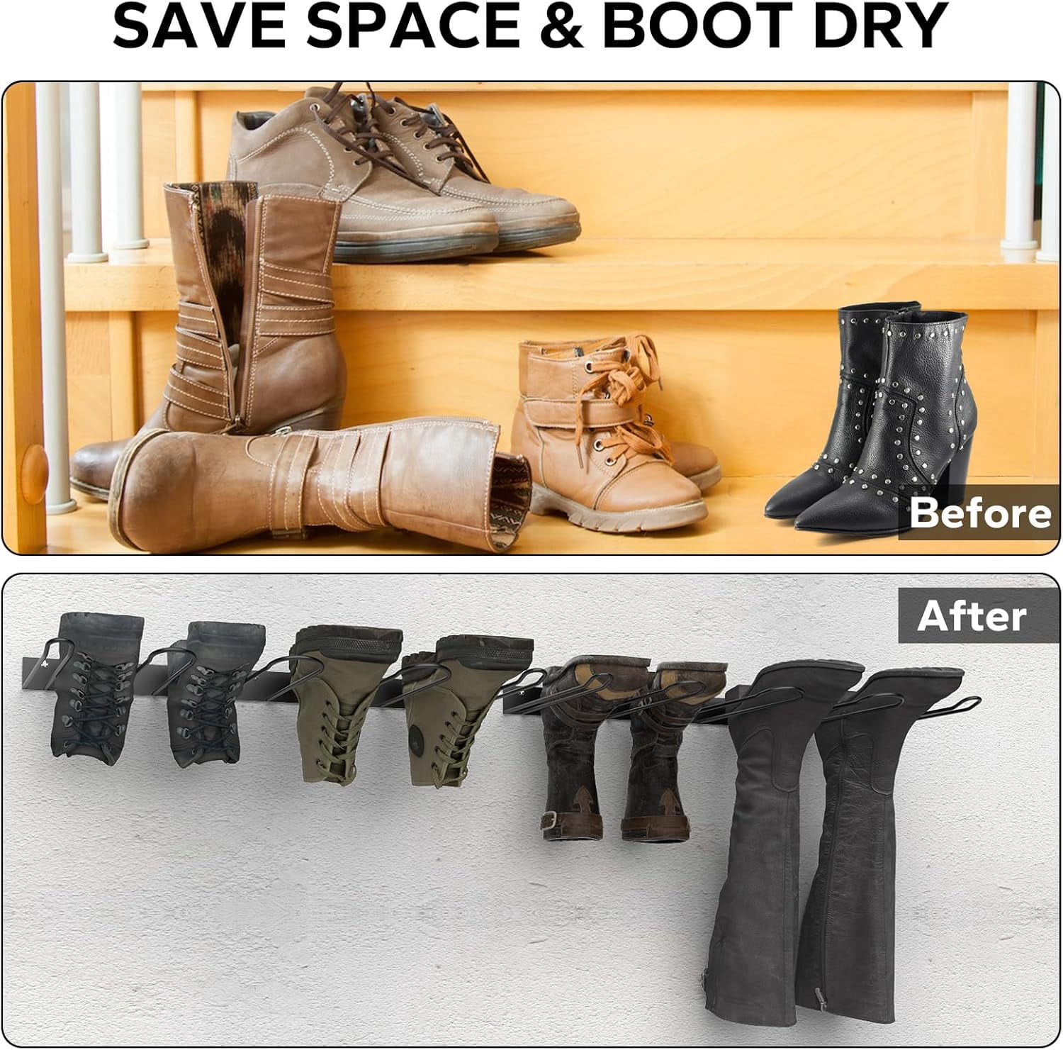 Ikerall 2-Tier Wall Mount Boot Rack for Tall Boots & Cowboy Boots – Heavy Duty Metal Boot Hangers, Space Saving Organizer for Closet Entryway Garage, Quick Drain & Sturdy