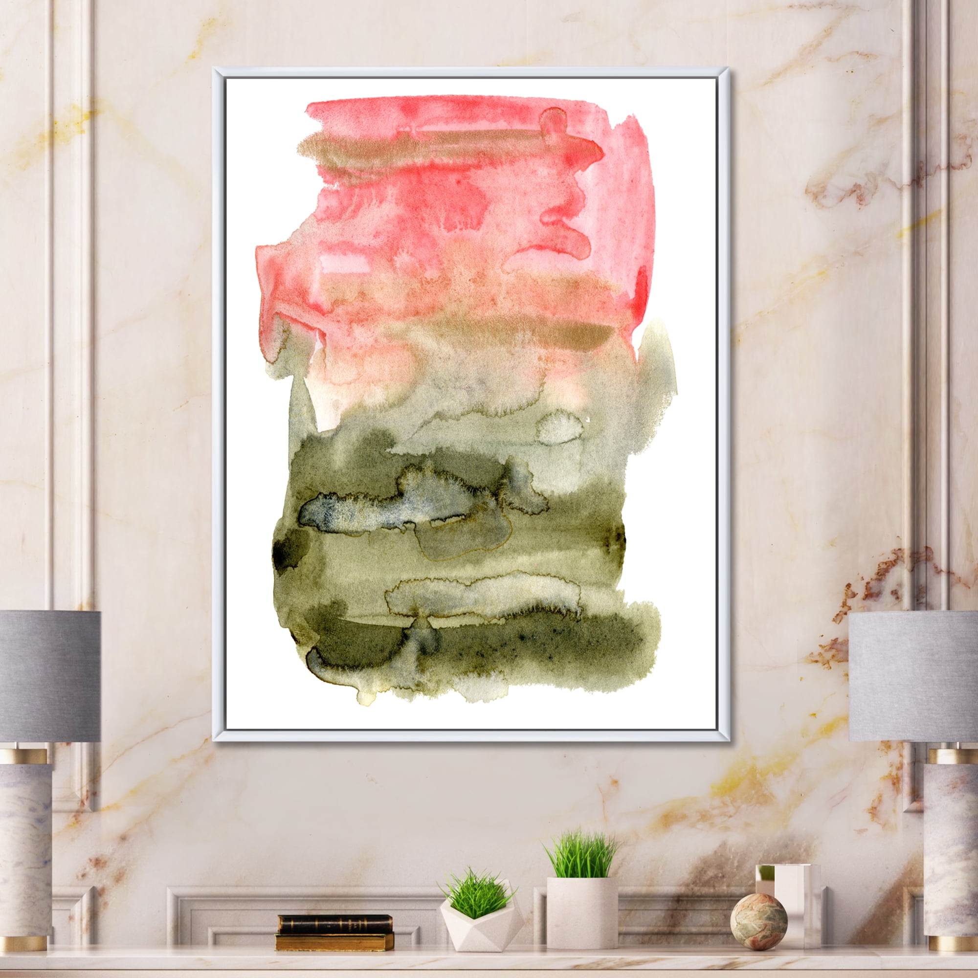 Designart 'Red Pink and Green Abstract Clouds' Modern Framed Canvas Wall Art Print