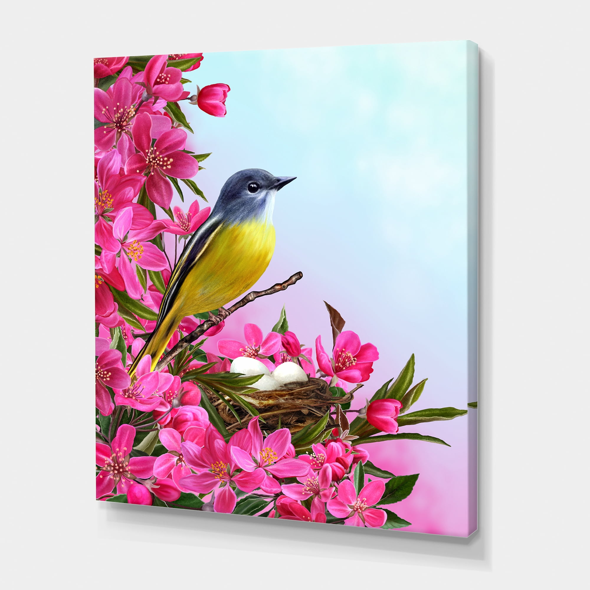 Designart ' Little Yellow Bird Near The Nest with Pink Flowers ' Traditional Canvas Wall Art Print