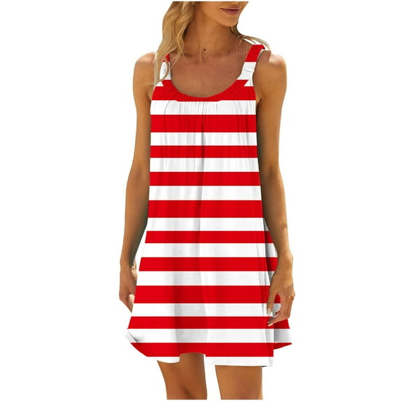 Buigttklop Women'S Summer Dresses 2024 Plus Size Striped Print Casual Loose Skirt Sleeveless Halter Dress with Pockets