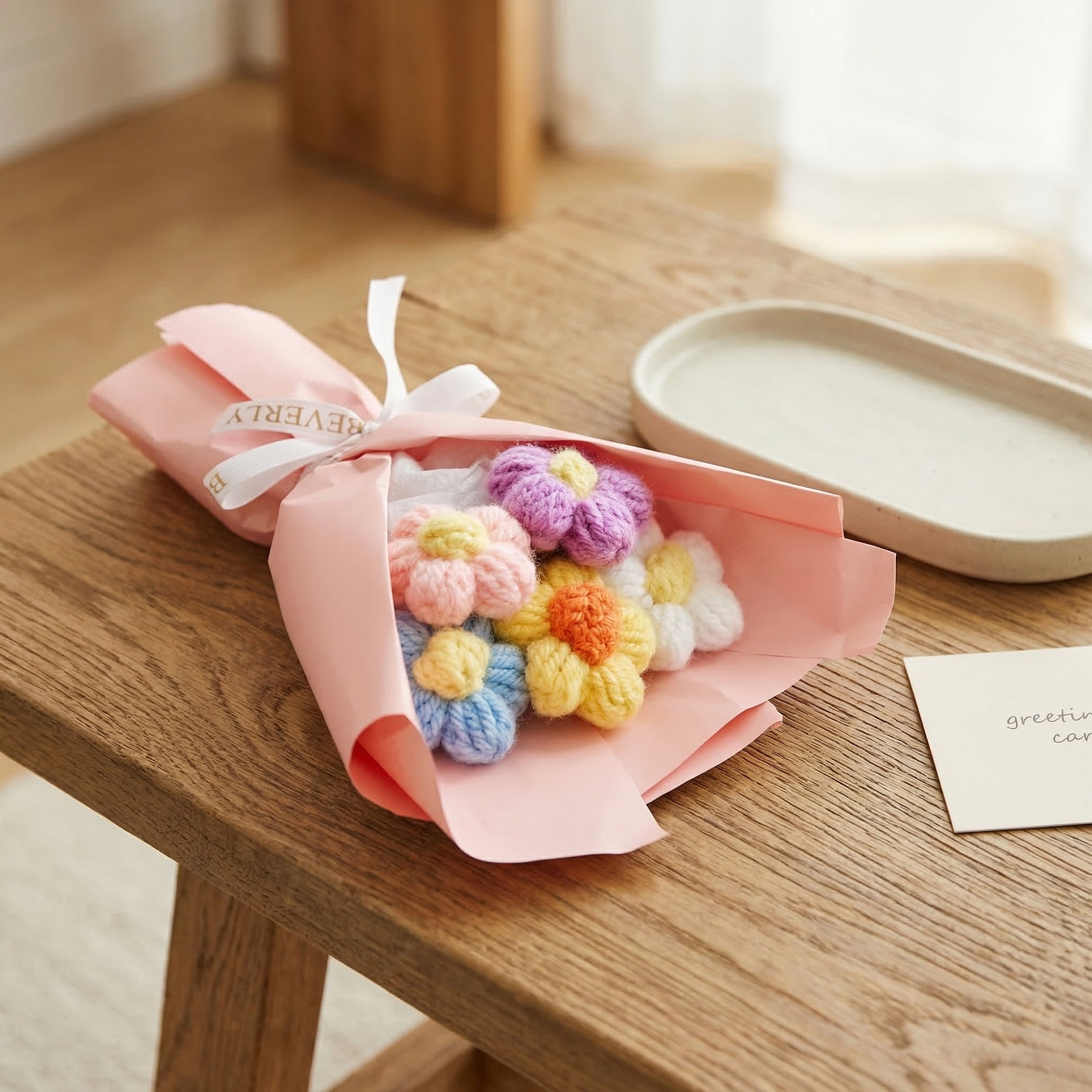 Unique Bargains Handmade Crochet Eternal Knitted Flowers Bouquet with Wrap Pink 7.1 in