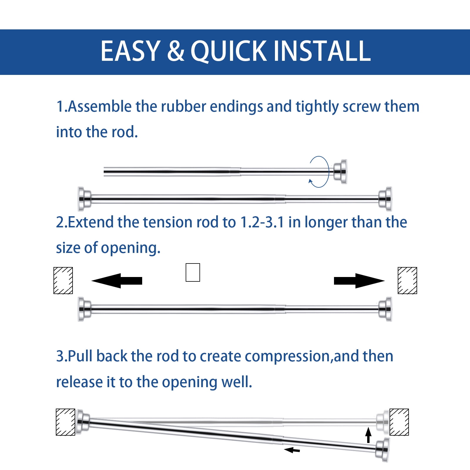 Ktinnead Tension Shower Curtain Rod - Adjustable Spring Tension Rod Rust Resistant No Drilling Anti-Slip Bar for Windows / Shower, 304 Stainless Steel, 43" to 73".