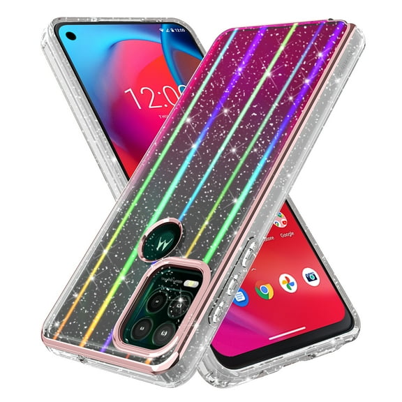 Moto G Stylus 5G 2021 Case, Rosebono Bling Glitter Sparkle Laser Pink Ultra Transparent Fashion Cute Colorful Skin Cover Shockproof Case for Moto G Stylus 5G 2021
