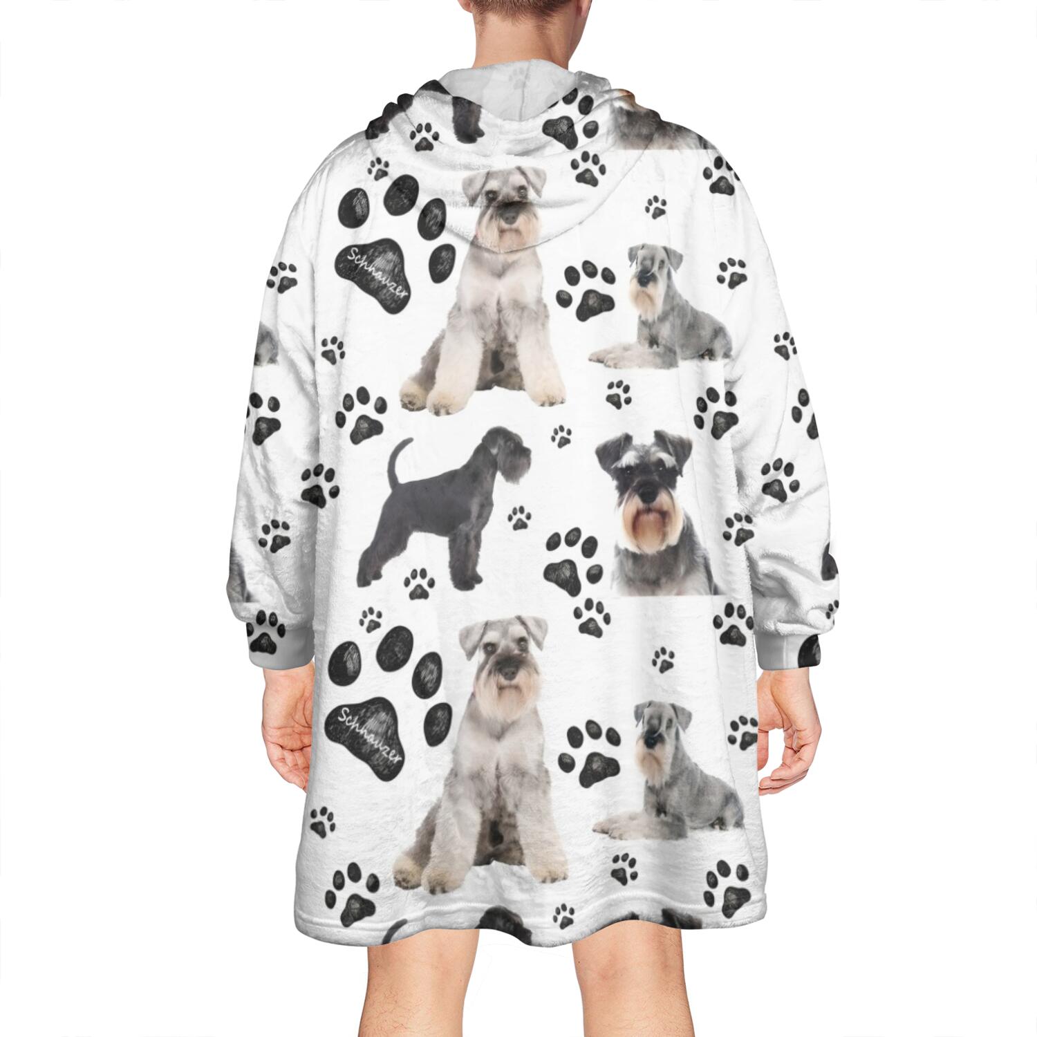 Schnauzer Dog and Footprints Wearable Oversized Blanket,Wearable Blanket Hoodie for Adults,Cozy Hooded Blankets with Super Pockets,Super Warm Fuzzy Pullover for Women & Men