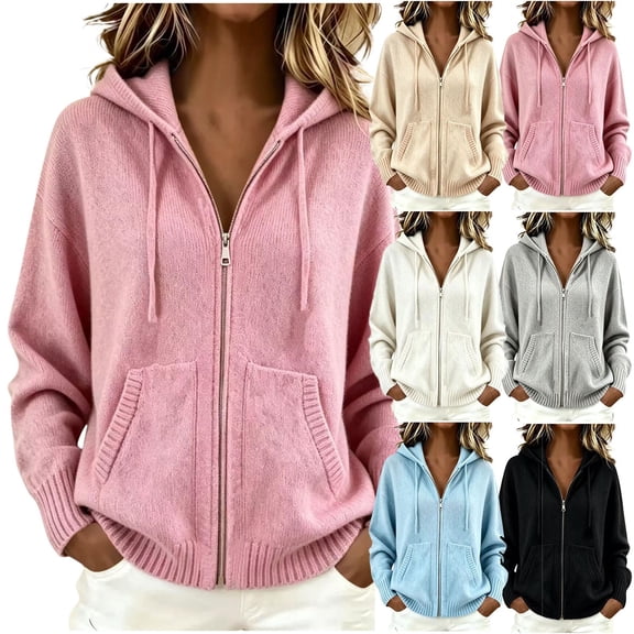 AGWOLF Womens Zip Up Hooded Cardigan Sweaters Knit Jacket Outerwear Long Sleeve Cardigans Fall Loose Casual Coats White L