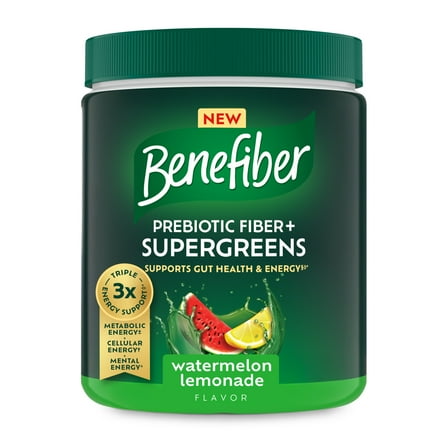 Benefiber Prebiotic Fiber   Supergreens Dietary Supplement Powder, Watermelon Lemonade Flavor, 8.8 Oz (250G), 25 Day Supply