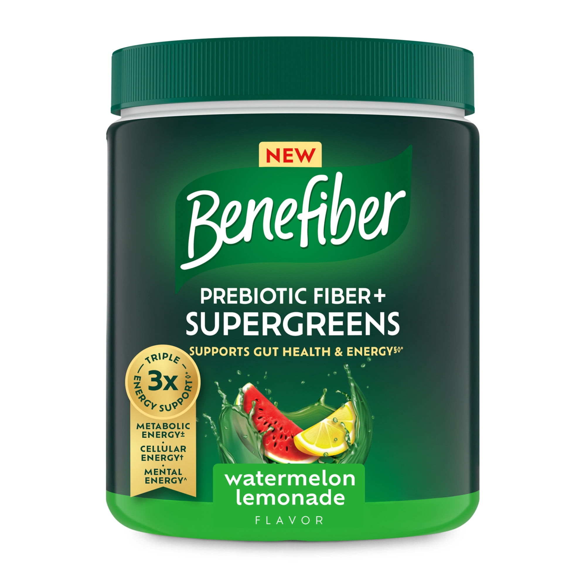 Benefiber Prebiotic Glp-1 Friendly Fiber + Supergreens Dietary Supplement Powder, Watermelon Lemonade Flavor, 8.8 oz (250g), 25 Day Supply