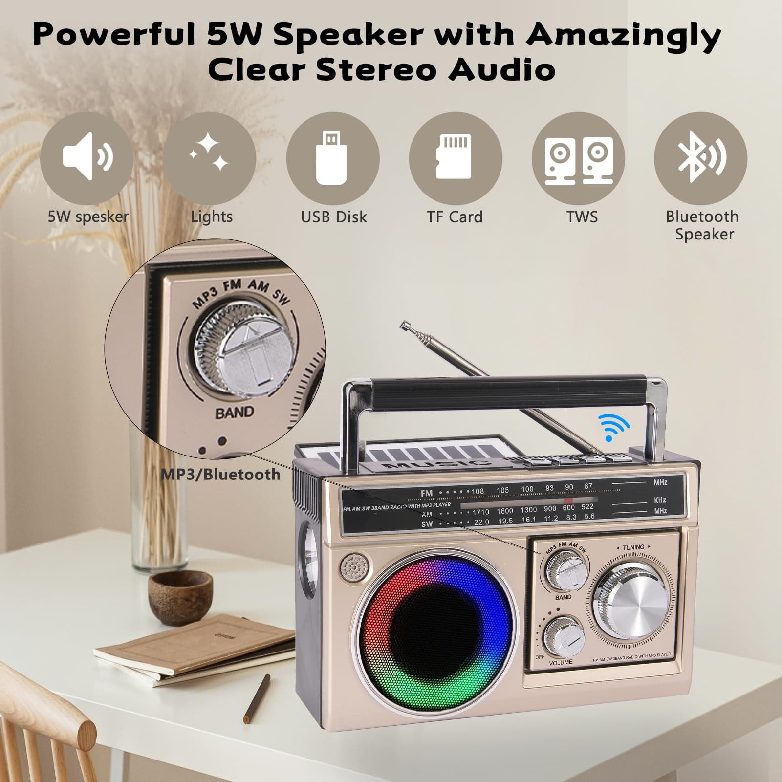 AM FM SW Radio Portable with Bluetooth Speaker, Illumination, USB TF Card Playing, Solar/USB-C Rechargeable Radios, Colorful Light, Transistor Radios Portable Emergency, Bluetooth Radio