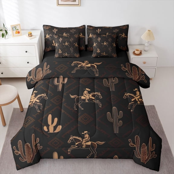 Homewish Bohemian Western Cowboy 7-Piece Twin Bedding,Southwest Desert Cactus Bedding Comforter Set,Black Reversible