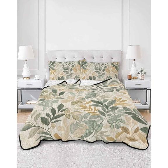 Quilts Queen Size, Sage Green Yellow Botanical Soft Comforter Bedding Set for Bed, Spring Summer Vintage Lightweight Quilted Bedspread with Pillow Cover(2 Pieces) for All Season, 90x96 Inch