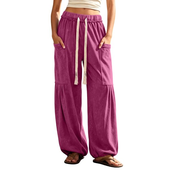 Women's Baggy Wide Leg Pants Casual Drawstring Harem Sweat Pants Bohemian Vintage Trousers with Big Pockets,High Waisted Stretch Palazzo Sweatpants,Pleated Front Loose Fit