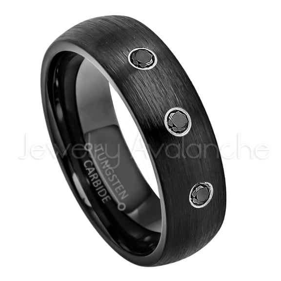 6mm Brushed Dome Black Tungsten Ring - 0.21ctw Black Diamond 3-stone Band - Personalized Tungsten Wedding Ring - Custom Made April Birthstone Ring TN233BS