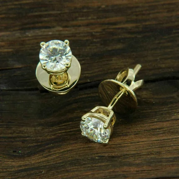 1 Carat Round Cut VVS1 Moissanite 14K Yellow Gold Plated Women's Stud Earrings