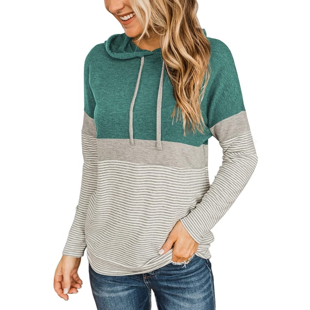 Women's Color Block Hoodies Fall Long Sleeve Sweatshirt Casual Drawstring Pullover Tops Striped Tunic Shirts