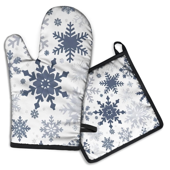 Blue Christmas Snowflake Pattern Kitchen Oven Mitt and Pot Holder Sets 2 Pcs for Baking, Cooking and Grilling, Heat Resistant Up To 392 °F