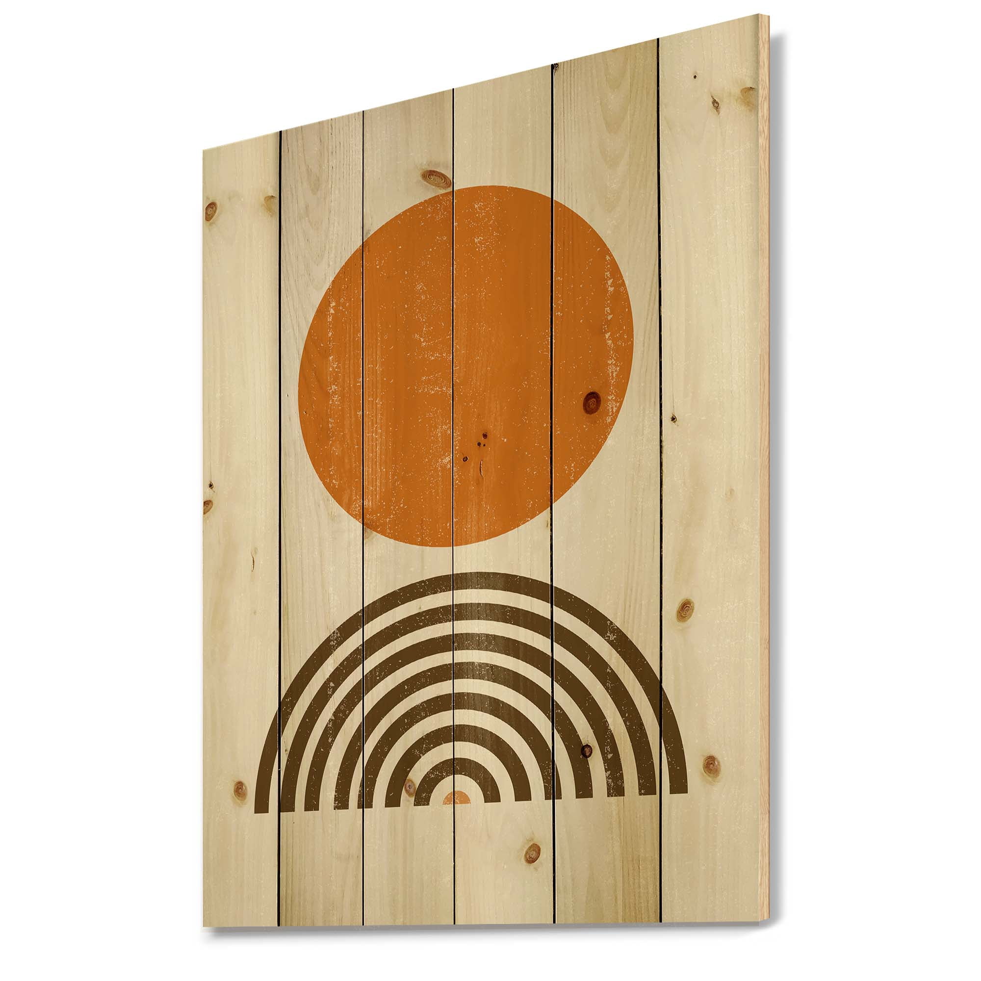 Designart 'Abstract Minimal Rainbow and Orange Sun I' Modern Print on Natural Pine Wood