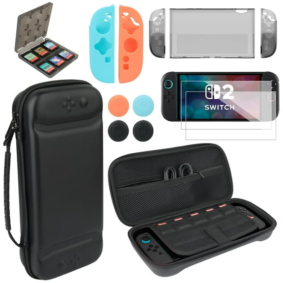 Accessories Bundle for NS Switch 2 (2025), Kit with Carrying Case, Tempered Glass Screen Protectors, Dockable Cover Case, Silicone Joy Con Cases, Thumb Caps and Game Cartridge