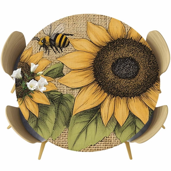 Round Table Cover 36-44 Inch Sunflower Waterproof Reusable Table Cloth Round Fitted Vinyl Tablecloth with Elastic Edged for Parties Outdoors, Yellow Summer Flower Vintage