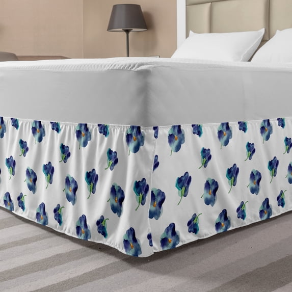 Floral Bed Skirt, Watercolors Painted Violet Flowers Pattern Blooms Spring Nature Theme, Elastic Bedskirt Dust Ruffle Wrap Around for Bedding Decor, 4 Sizes, Turquoise Navy Blue, by Ambesonne