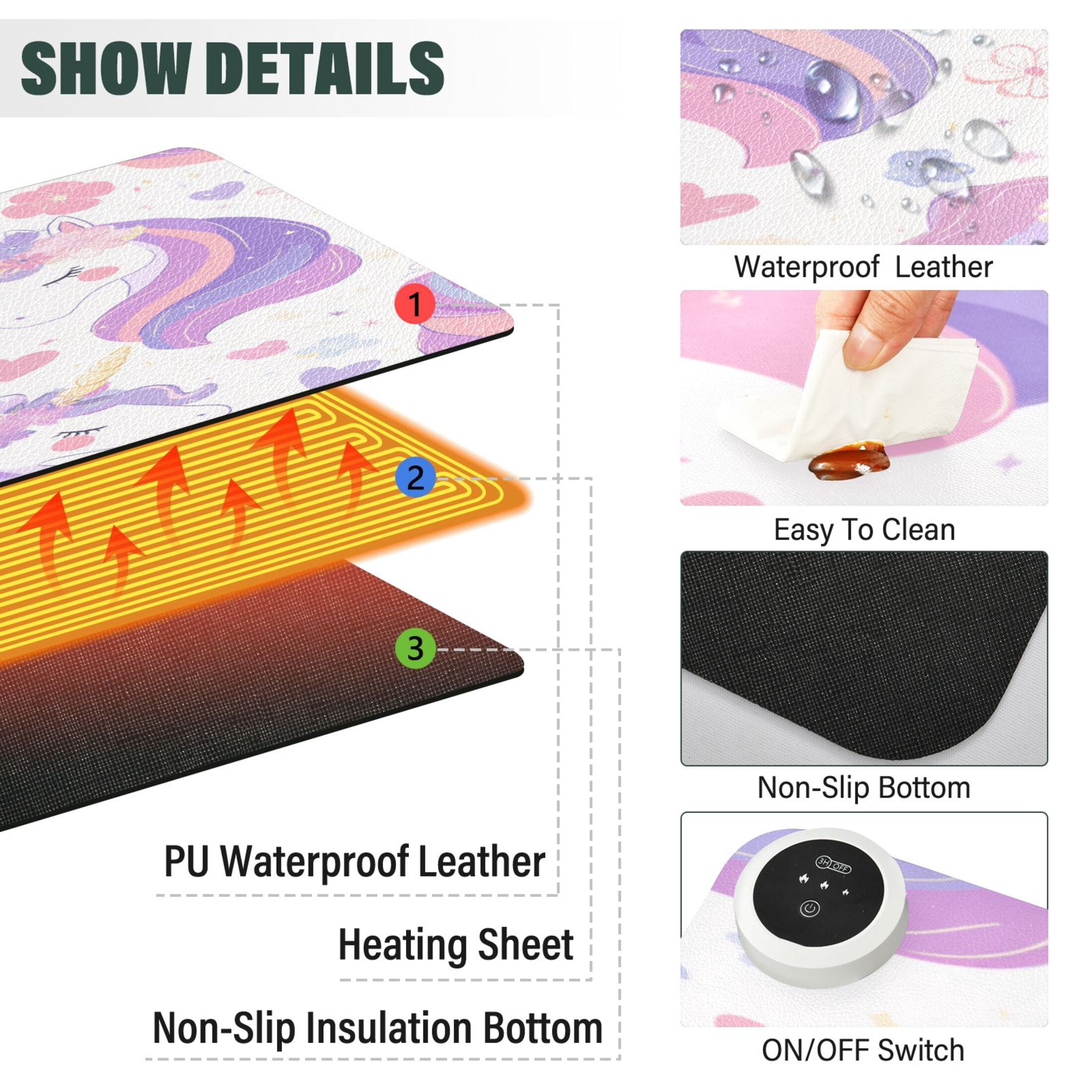 Large Heated Desk Mat Mouse Pad 31.5"x13"PU Leather Graphene Heating Desk Warmer with 3 Temperature Settings 110V US Plug Non-Slip Warm Pad for Home, Office, and Gaming Magical Unicorn Garden Pattern