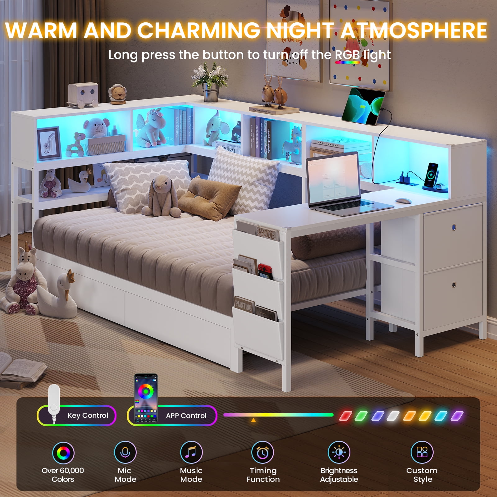 Twin Size Corner Bed Frame with Desk,Charging Station and Bookcase Storage,Twin Daybed with Storage Drawers and Led Lights, Metal Platform Bed Frame with Open Shelves,White