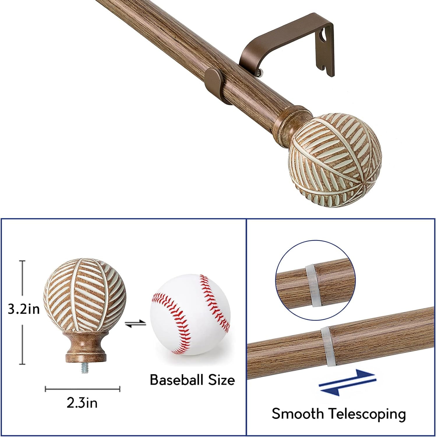 Unconsil 1" Imitation Wood Grain Leaf Pattern Finials Adjustable Single Curtain Rods, 48"-86"