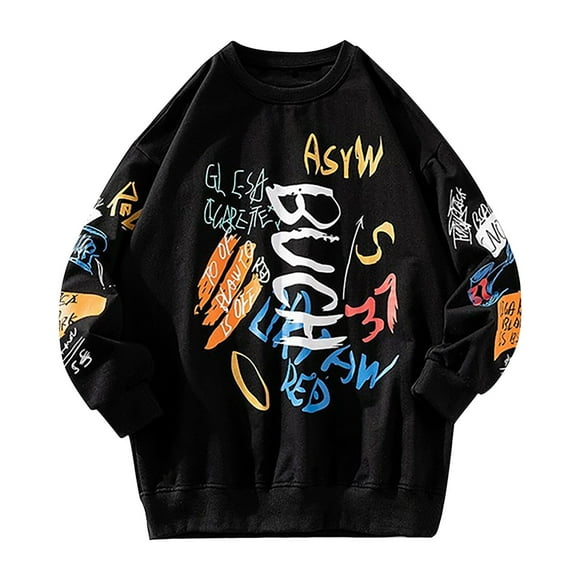 Hoodies For Men 2021 Autumn And Winter New Men's Sweaters, Trendy Men's Long-Sleeved Round Neck Print Tops, Trendy Graffiti Plus Size Sweaters Black XXXL JE
