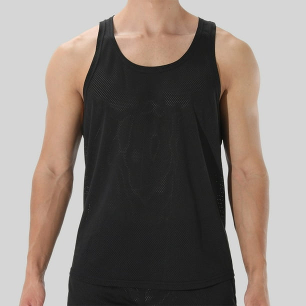 pstuiky Camiseta sin mangas para hombre, Camiseta de cuello redondo sin mangas de malla de color liso para hombre Chaleco de hombre xl