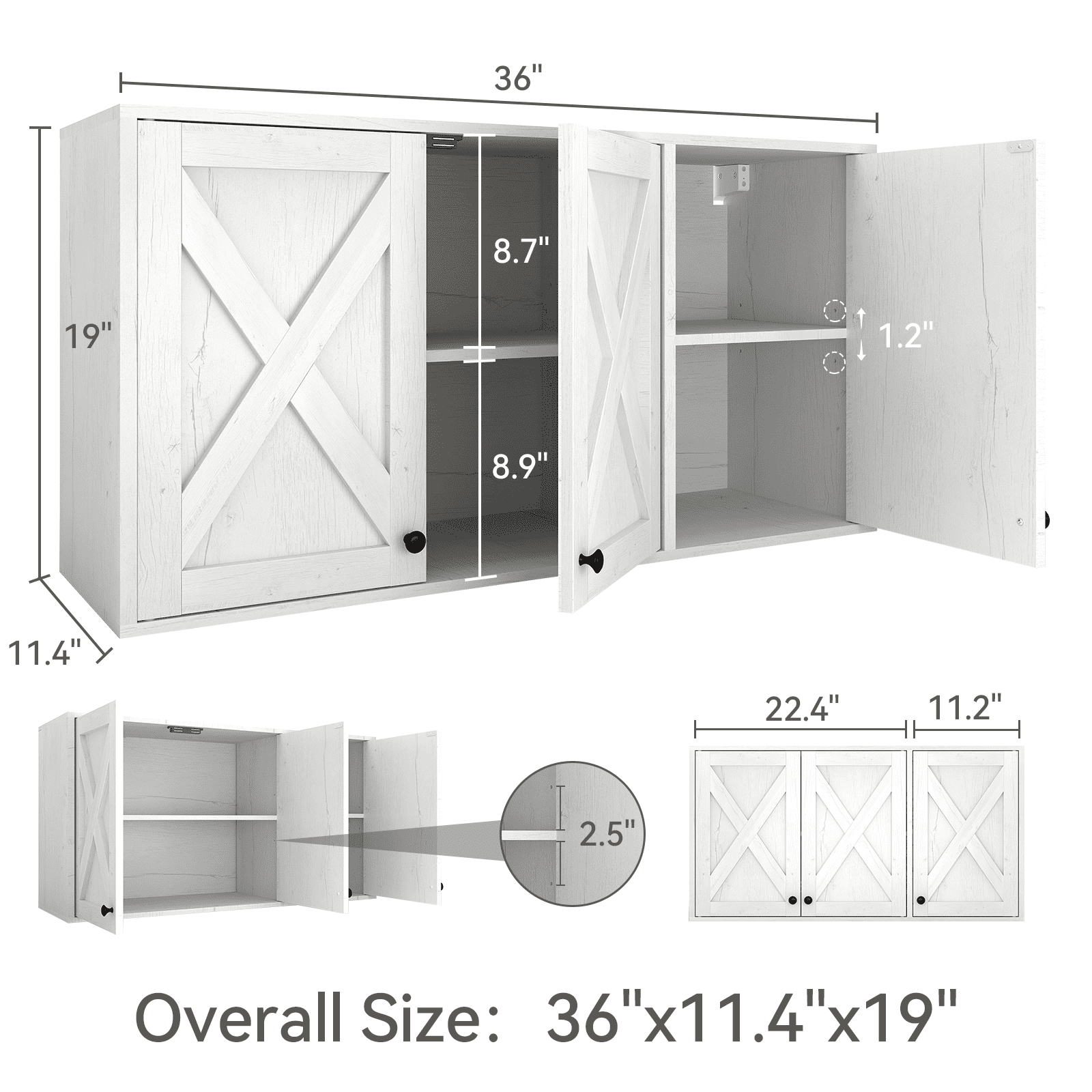 PULUOMIS 36" W Laundry Cabinet, Medicine Cabinet, Bathroom Kitchen Storage Wall Mounted Farmhouse Organizer with Shelves Over Toilet, White
