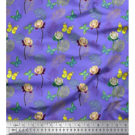 Soimoi Silk Fabric Tropical Leaves,Floral & Butterfly Print Fabric by The Yard 42 Inch Wide