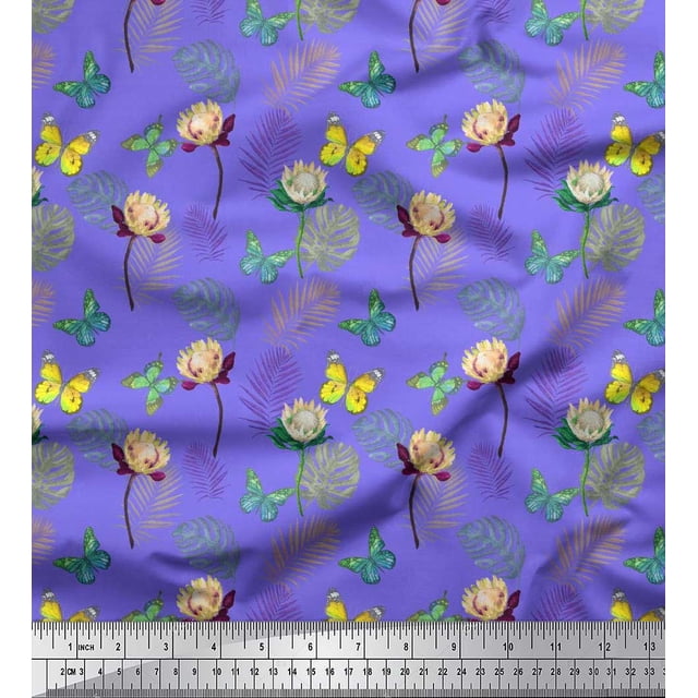 Soimoi Poly Georgette Fabric Tropical Leaves,Floral & Butterfly Print Fabric by Yard 52 Inch Wide