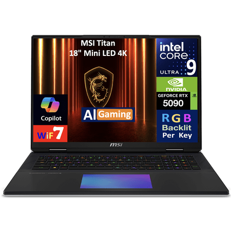 MSI Titan AI Gaming Laptop 18in 120Hz Mini LED 4K Display (Intel Ultra 9- 285HX, NVIDIA GeForce RTX 5090 24GB, 64GB DDR5, 3 x 2TB SSD, Per Key RGB KB, 2 Thunderbolt 5, WiFi 7, Webcam, Win 11 Pro)