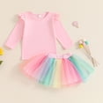 thumbnail image 4 of Odeerbi Toddler Girls Two Pieces Skirt Set Solid Color Tops Rainbow Tulle Tutu Skirt Set New Casual Baby Sweet Cute Solid Color Flying Sleeve Top Colorful Mesh Short Skirt Set Pink, 4 of 5