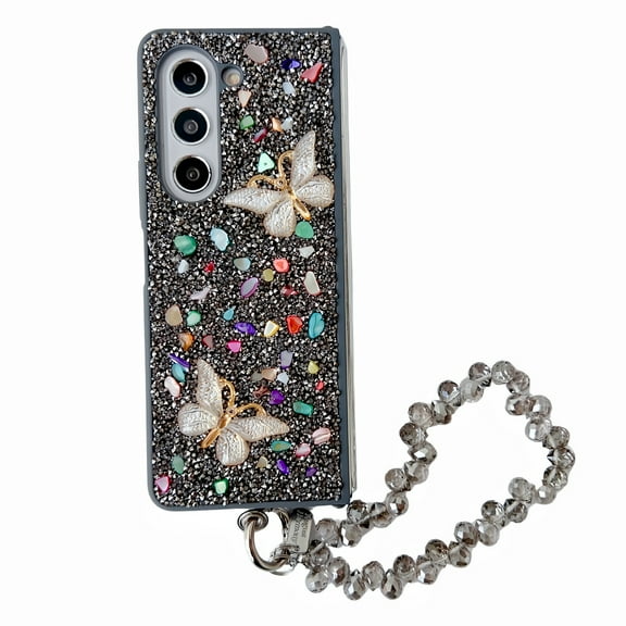 For Samsung Galaxy Z Fold 5 Case, Galaxy Z Fold 5 Cover 7.6", Flash diamond 3D Full Body Gemstone stone butterfly With a bracelet for Women Girls Crystal Anti-Shock Phone Case,Black
