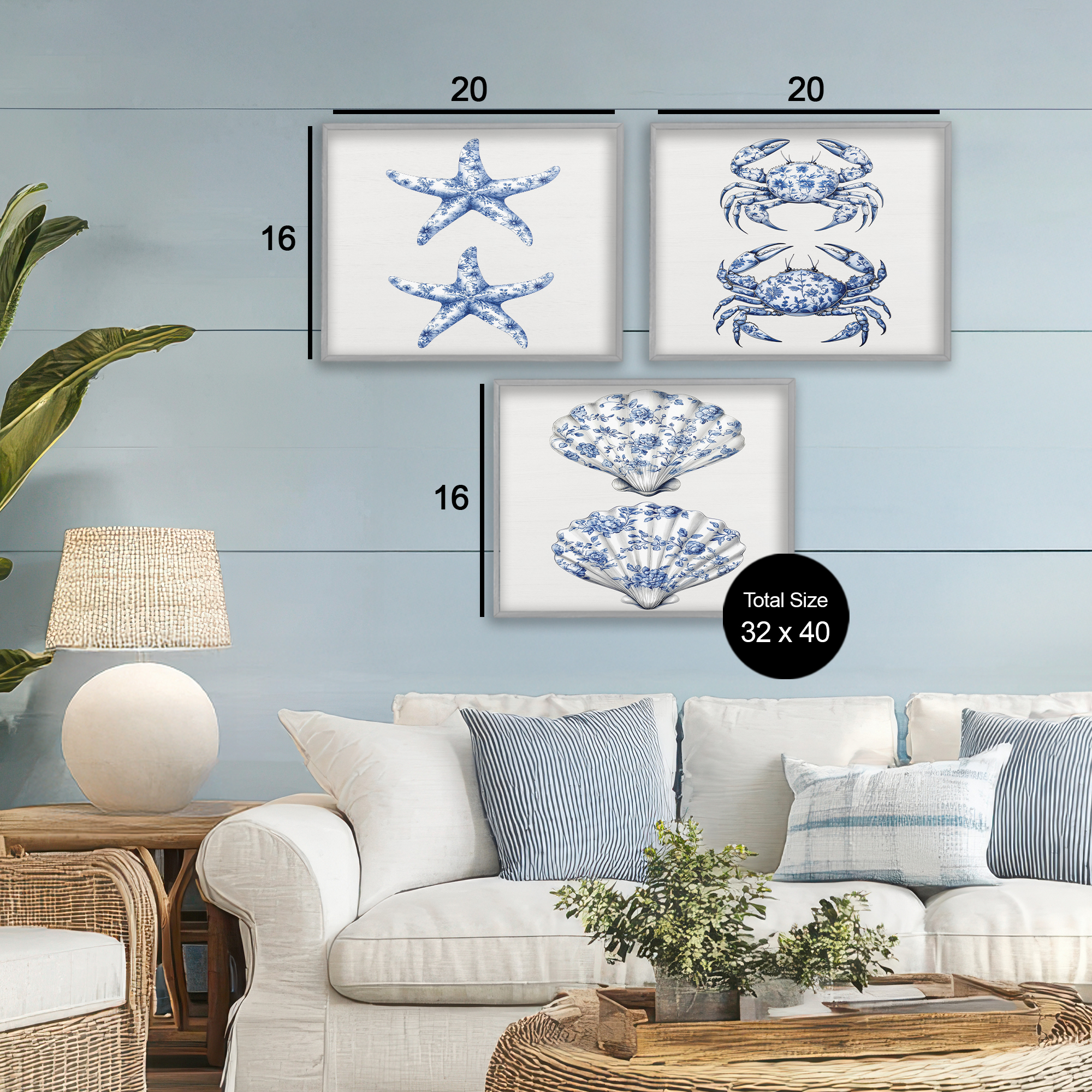 Vintage Toile Starfish & Crabs 3 Piece Gray Framed Giclee Art Set, design by Lettered and Lined