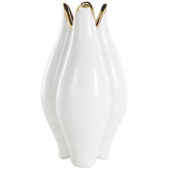 DecMode 16" Floral Dimensional Shaped White Ceramic Vase with Metallic Gold Rim
