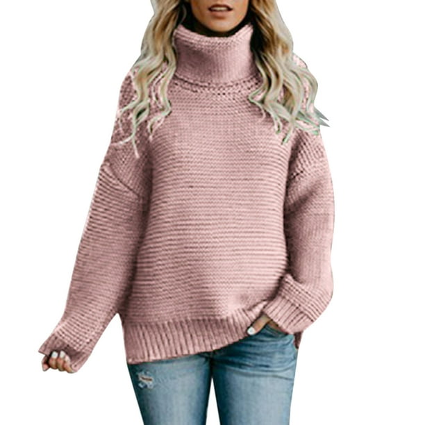 PMUYBHF Female Business Casual Sweaters for Women Women's Autumn and Winter  Solid Color Loose High Neck Knitted Long Sleeved Sweater L
