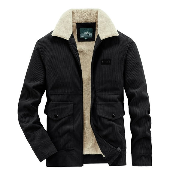 TFEOQRY Men's Corduroy Fleece Lined Jacket Stand Collar Full Zip Pockets Vintage Fall Winter Thermal Coat Black