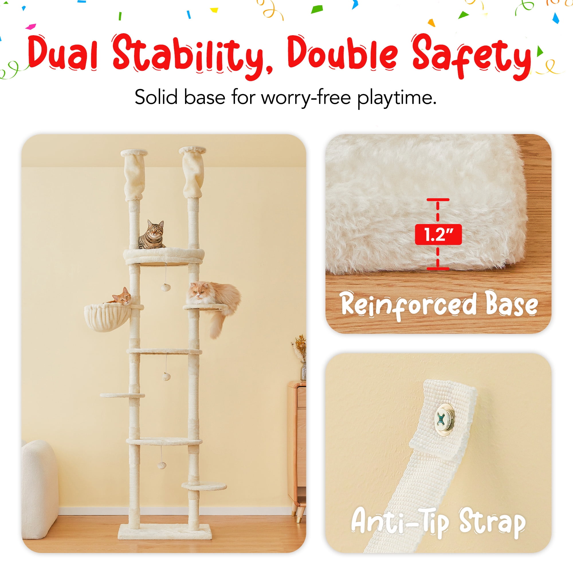 Furcato 92.1"-101.6" Adjustable Height Cat Tree, Floor to Ceiling Cat Tower, 7 Tiers Cat Climbing Tree with Hammock, Beige