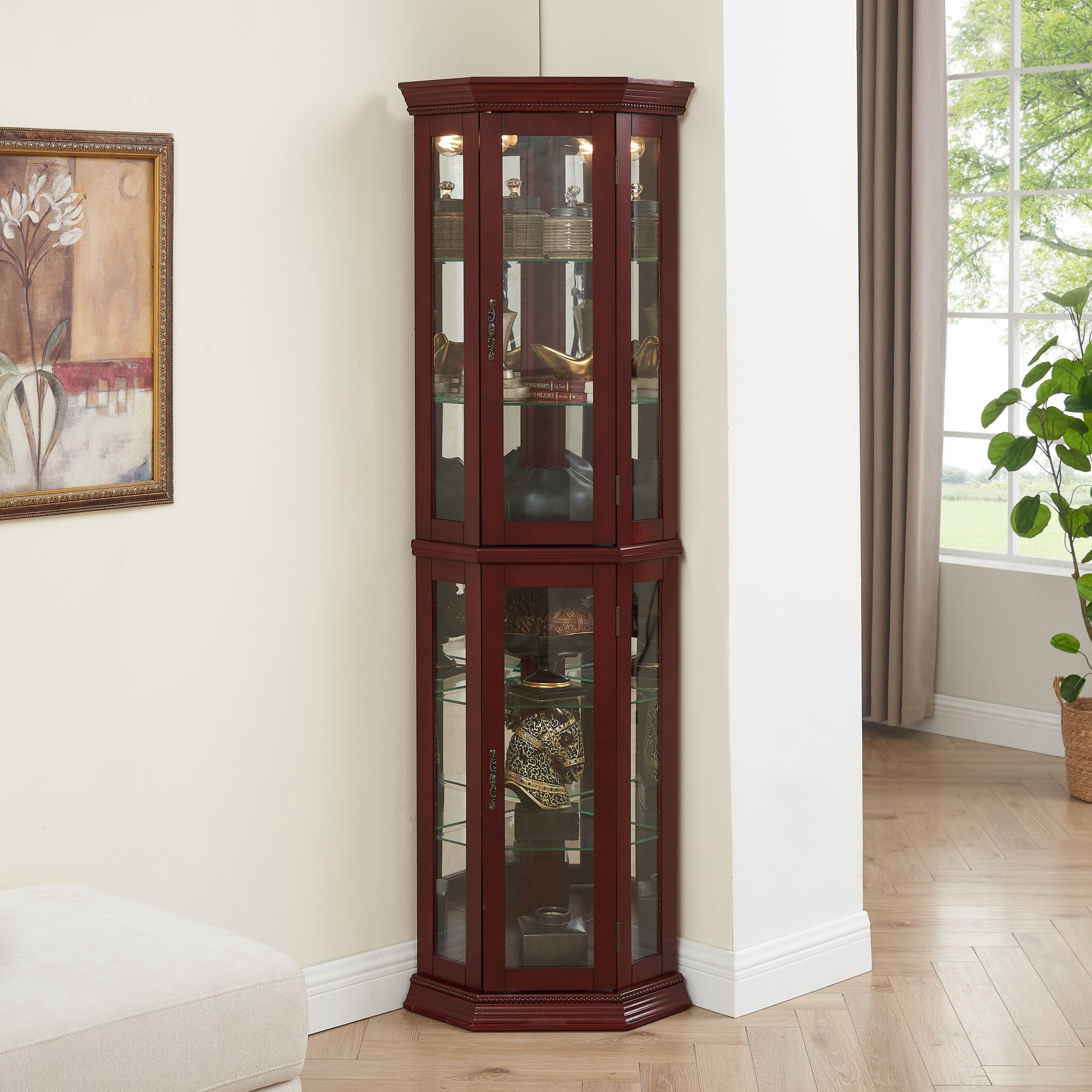 Miniyam Curio Display Cabinet with Lights, Glass Doors, Adjustable Shelves, Cherry