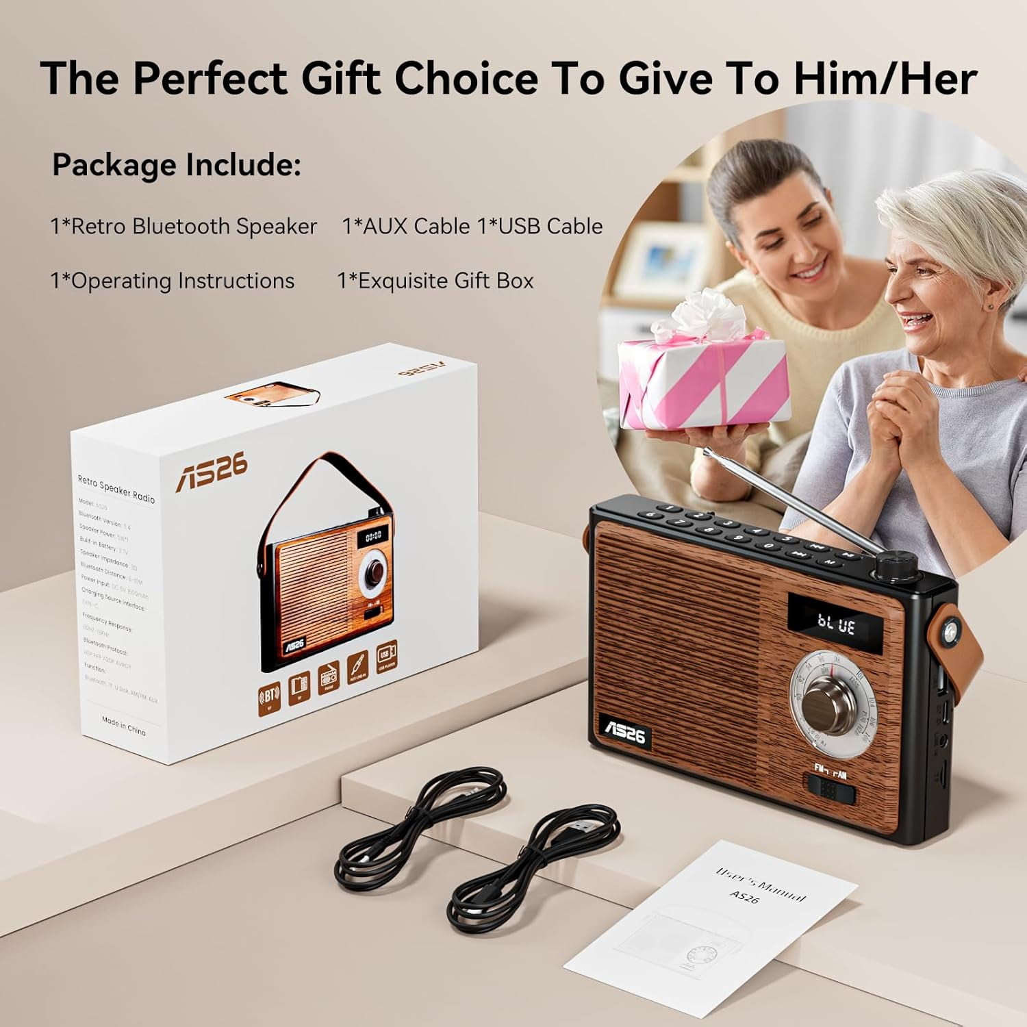 Portable AM FM Radio Bluetooth,Retro Transistor Radio,Rechargeable Vintage Wireless Radio with Digital Display,Support USB/TF/AUX Player,Battery Powered or DC,for Home Office Outdoor,Gifts for Senior