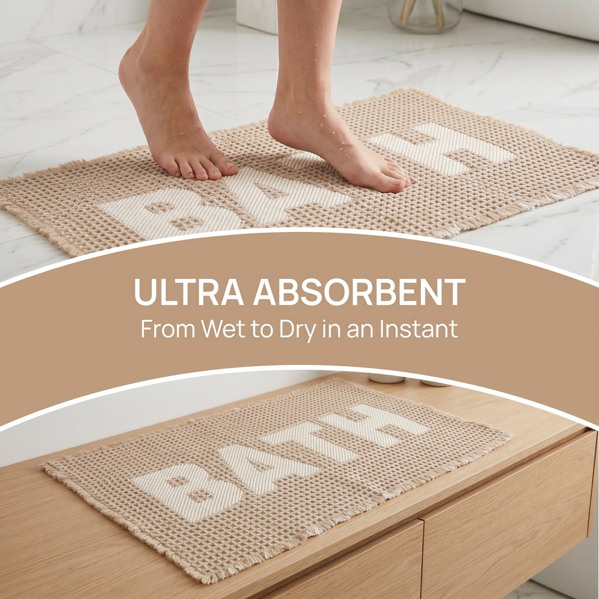 Unique Bargains Non Slip Washable Absorbent Quick Dry Waffle Bath Mat Khaki 24" x 17"