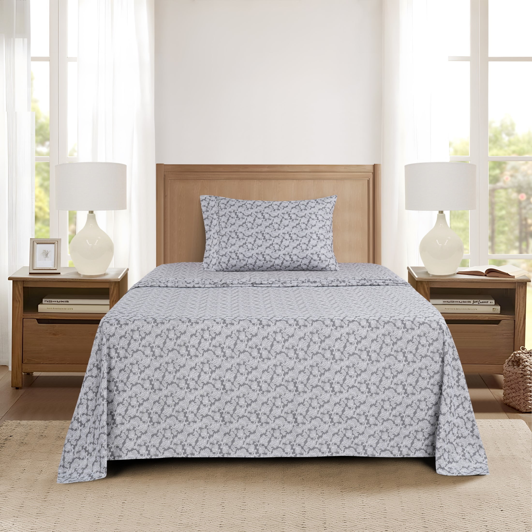 Mainstays Super Soft Brushed Microfiber Bed Sheet Set, Grey Paisley Print, Twin-XL, 3 Piece