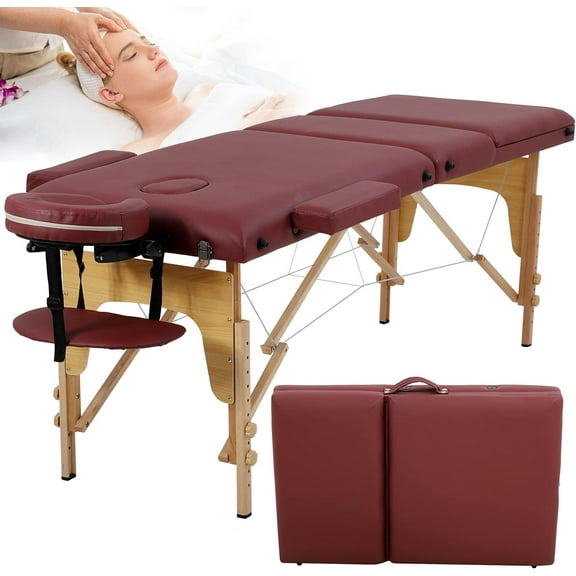 XF XINFENG Portable Massage Table 73 inch 2 Fold Lash Bed Height Adjustable Tattoo Salon Bed 350 lbs Capacity with Facial Cradle & Carry Case, Burgundy