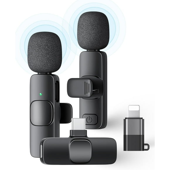 PinesC 2 Pack Wireless Lavalier Microphone for iPhone iPad and Android Phone, Lapel Mic Plug and Play Wireless Mic Noise Reduction Microphone for Video Recording Interview Podcast Vlog Yo