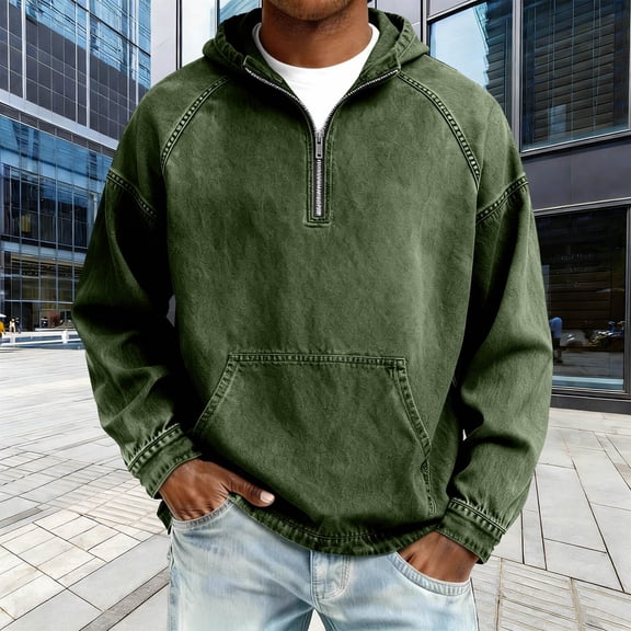 Dolkfu Hooded Men's Shirts Quarter Zip Denim Sweatshirt Long Sleeve Pullover Distressed Hoodies for Men L