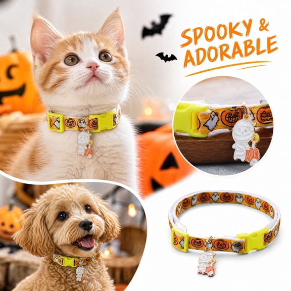 Halloween Pet Collar with Cute Ghost and Pumpkin Pattern, Orange, for Small Dogs and Cats, Pet Accessory
