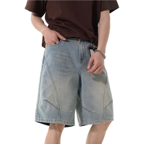 Mens Jorts Y2k Baggy Vintage Grunge Jean Shorts Knee Length Relaxed Fit Denim Shorts (Blue L)