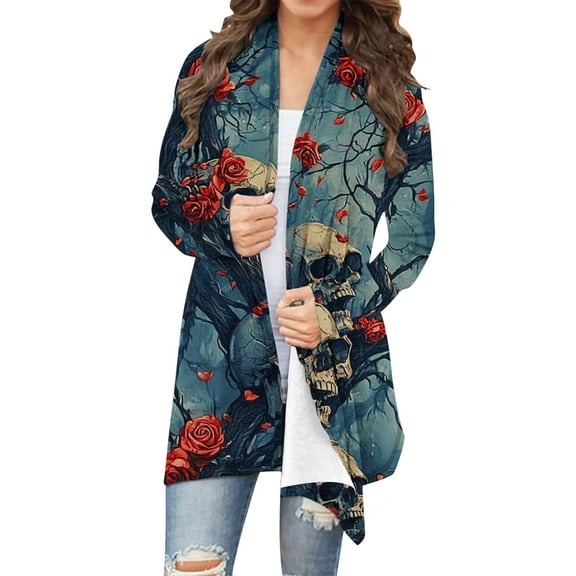 JSheng Halloween Cardigan Tops for Women Ladies Casual Long Sleeve Festival Printed Comfy Cardigans Coat