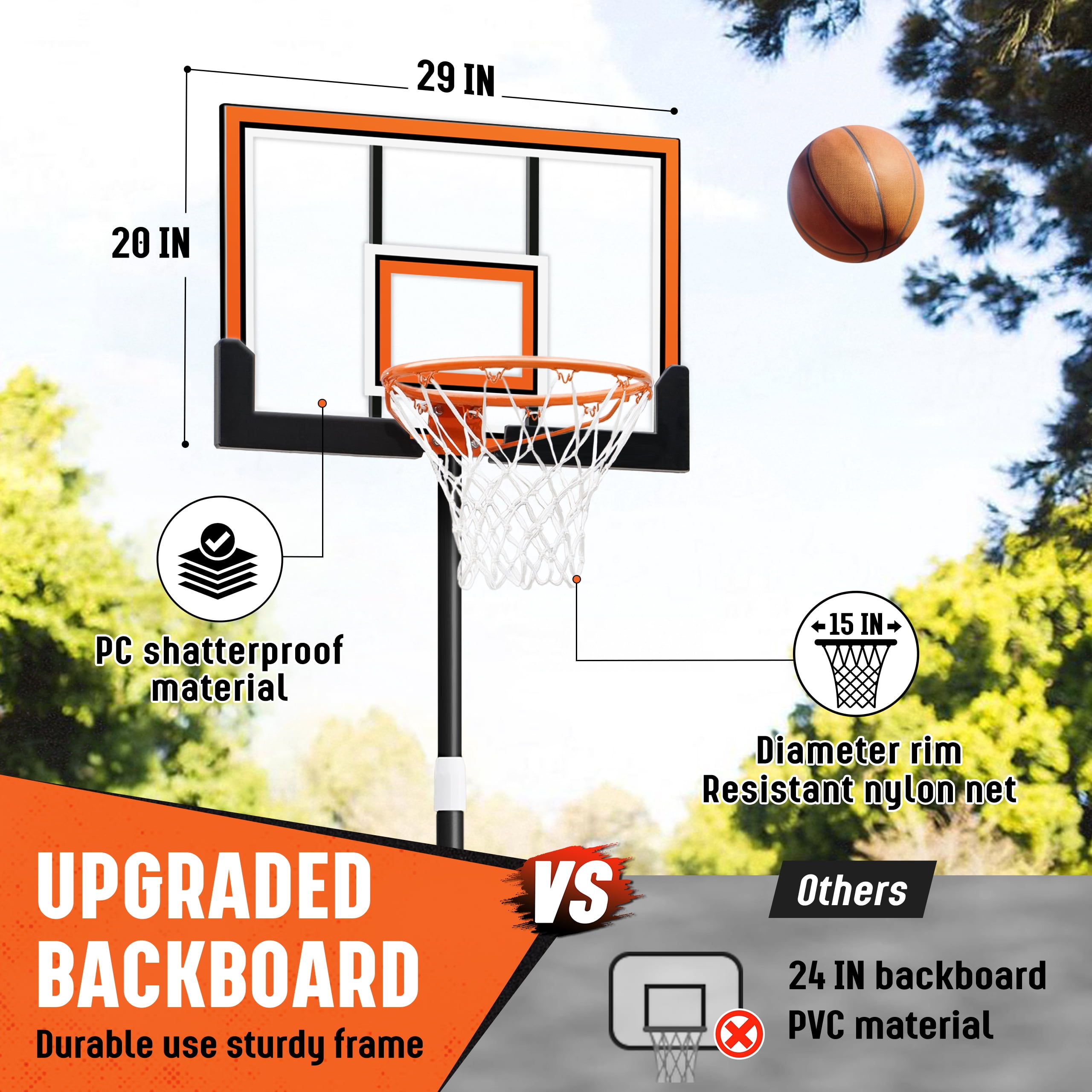 SERAY Adjustable Basketball Hoop for Kids, Teens & Adults, 3.2-7.2 feet Height, Portable Basketball Goal with 29 inch Backboard & 2 Wheels for Indoor & Outdoor Use